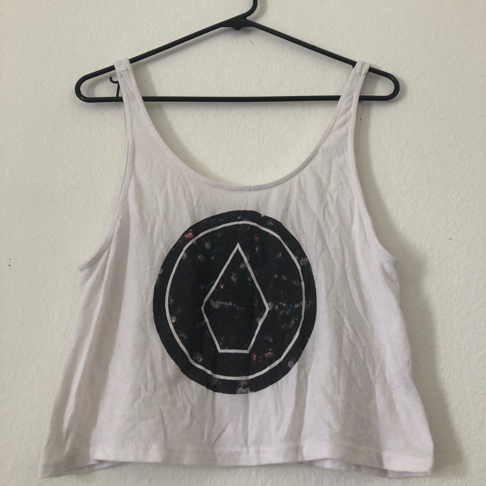 White crop top, tank top with volcom brand logo